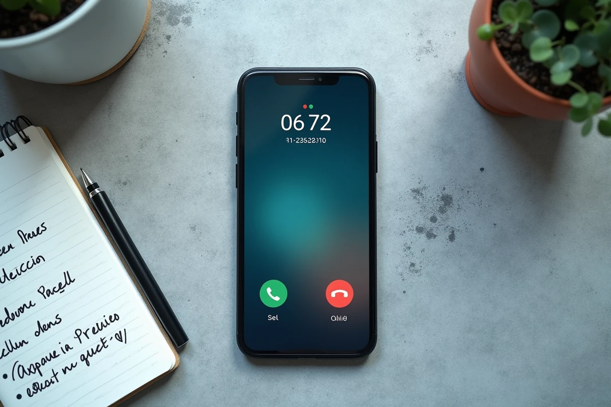 Vue en plongée d'un smartphone affichant un appel entrant avec un numéro 06 72 et un carnet de notes sur les opérateurs téléphoniques français