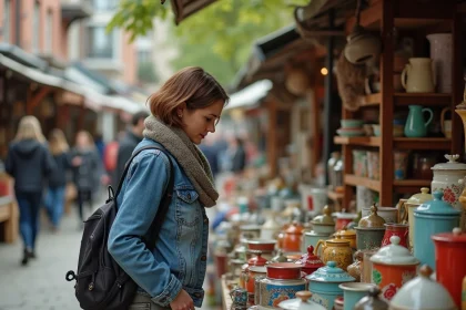 Femme examinant des objets vintage au marché aux puces