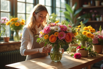 Fleuriste arrangeant un bouquet coloré dans un atelier lumineux