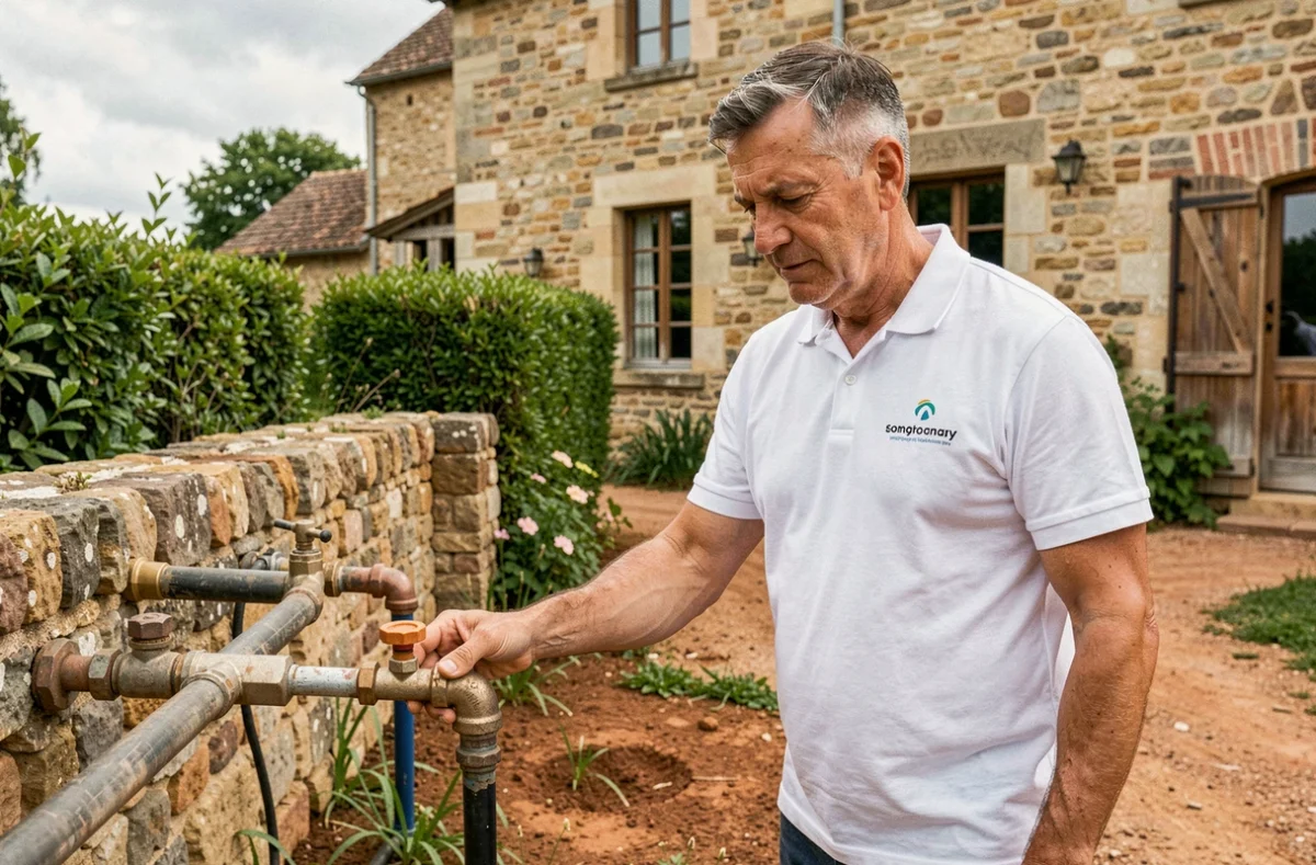Plombier Garcin inspectant des canalisations extérieures d'une maison en pierre à Échiré