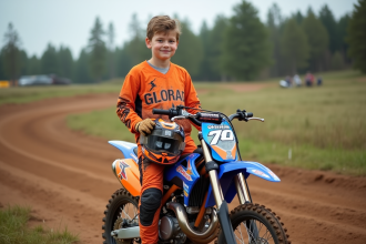 Garçon de 12 ans avec casque à la main près d'une moto 50cc