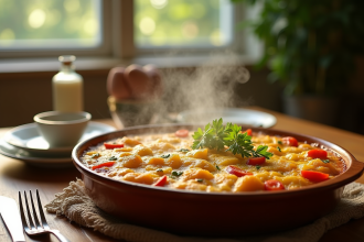 Gratin de courgette et pomme de terre chaud dans un plat rustique