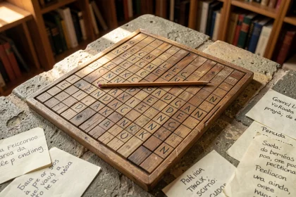 Grille de mots fléchés en bois avec lettres manuscrites évoquant les villes du Pérou