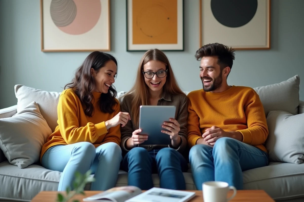 Groupe d'amis réunis dans un salon pour suivre les dernières actualités peoples sur une tablette