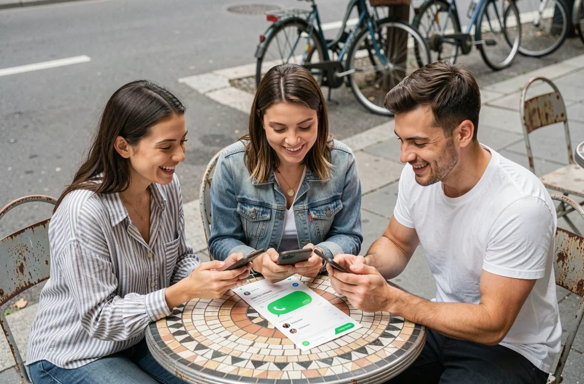 Groupe d'amis au café discutant d'un sondage WhatsApp sur leurs smartphones, ambiance détendue en terrasse