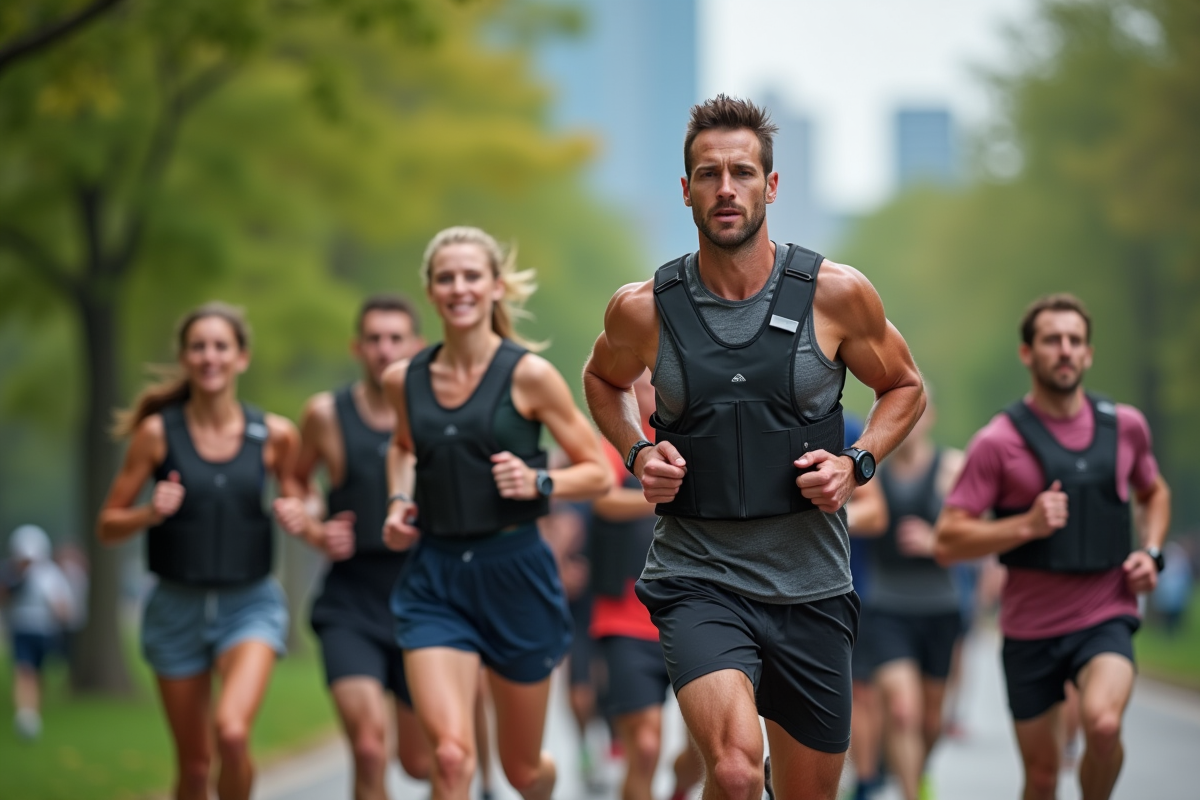Groupe de personnes courant en extérieur avec gilets lestés