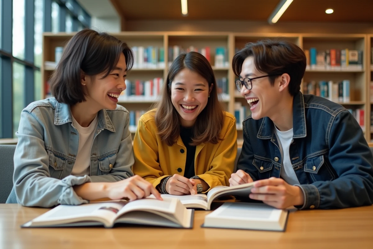 Groupe de jeunes adultes découvrant des mangas en français ensemble dans une bibliothèque moderne