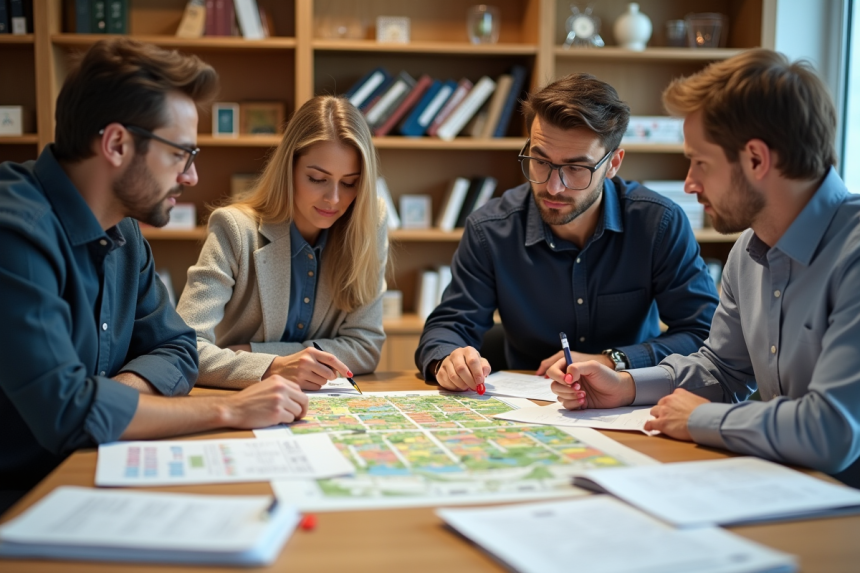 Groupe de quatre adultes étudiant une carte urbaine dans un bureau municipal