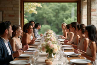 Groupe d'adultes et enfants riant autour d'une table élégante