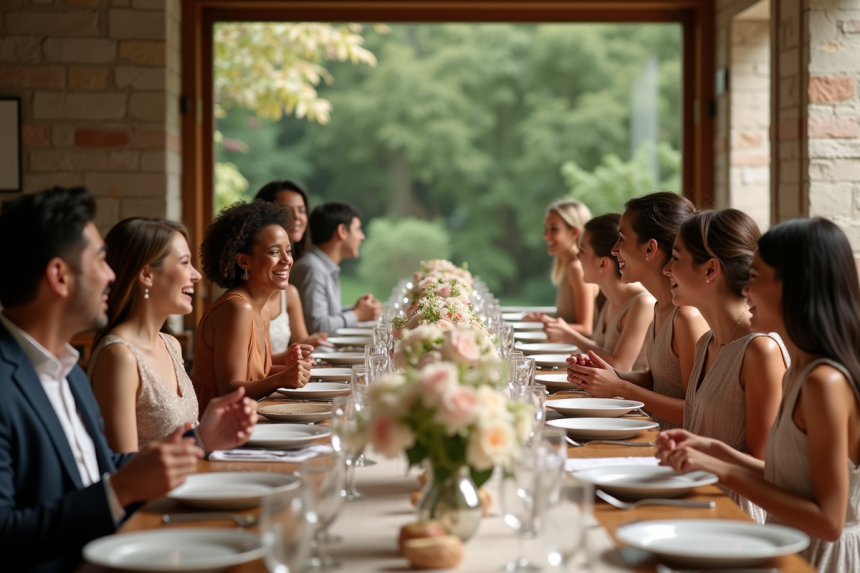 Groupe d'adultes et enfants riant autour d'une table élégante