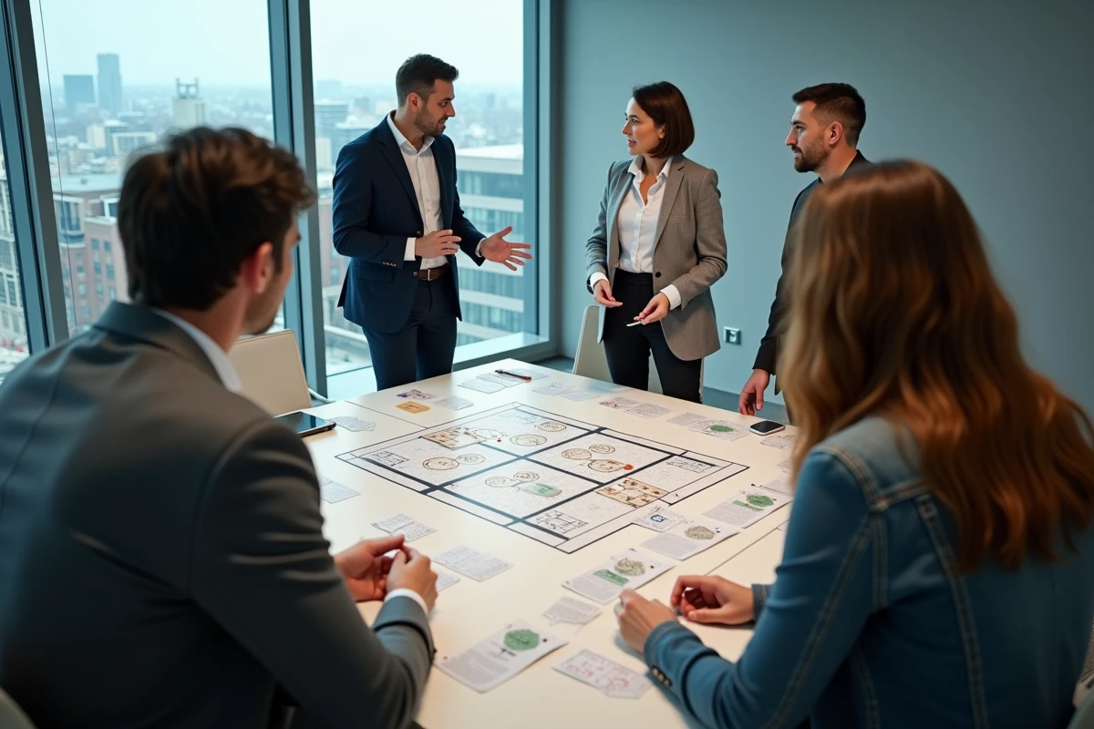 Groupe de quatre personnes discutant stratégie autour d une table