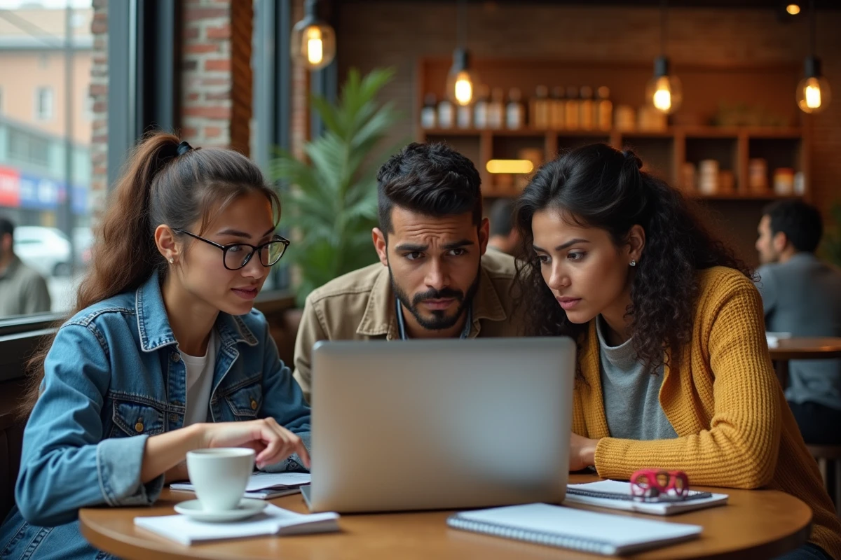 Groupe de personnes dans un café examinant avec méfiance des avis négatifs sur un site internet