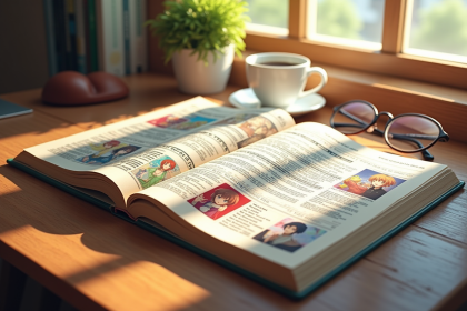 Livre guide anime ouvert sur un bureau en bois avec lunettes et café