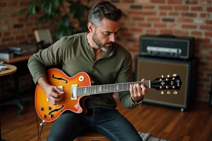 Guitariste jouant les accords de Petite Marie sur une guitare électrique sunburst dans un home studio vintage