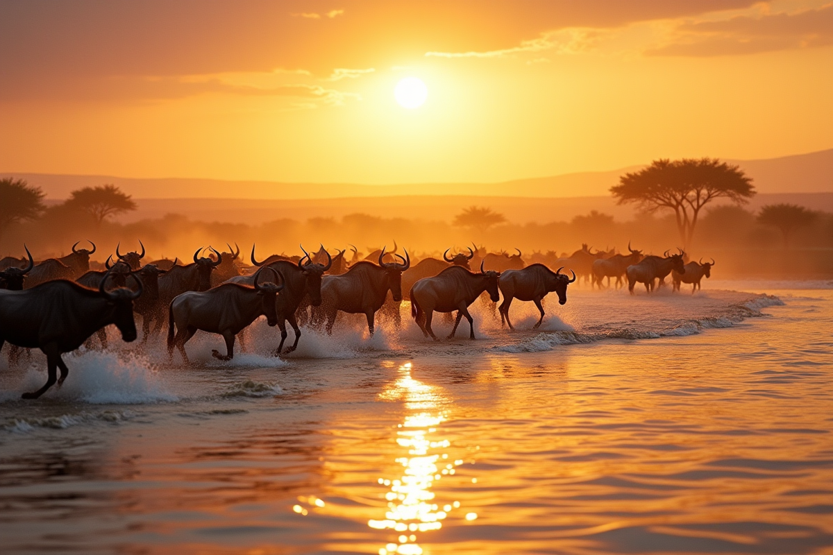 Gnou traversant une rivière en migration dans la savane