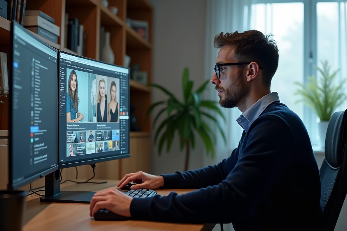 Homme consultant des sites d'actualité peoples sur un ordinateur de bureau à domicile