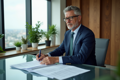 Homme d'affaires en costume bleu dans un bureau moderne