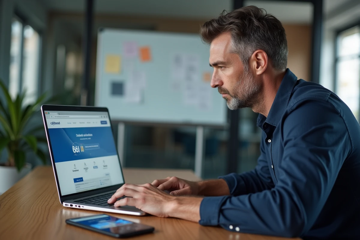 Homme au bureau consultant un site web pour identifier l'opérateur téléphonique d'un numéro 06 72 sur son ordinateur portable