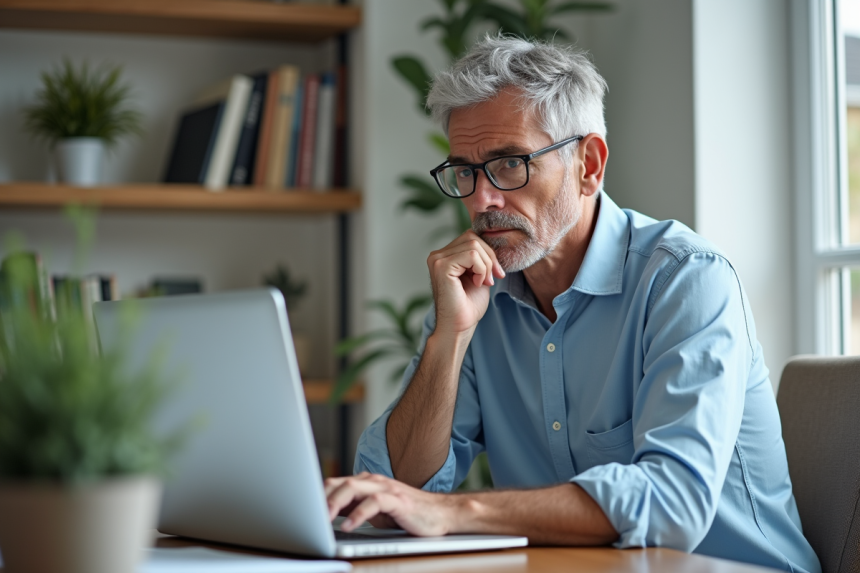 Homme d'âge moyen au bureau regardant son ordinateur