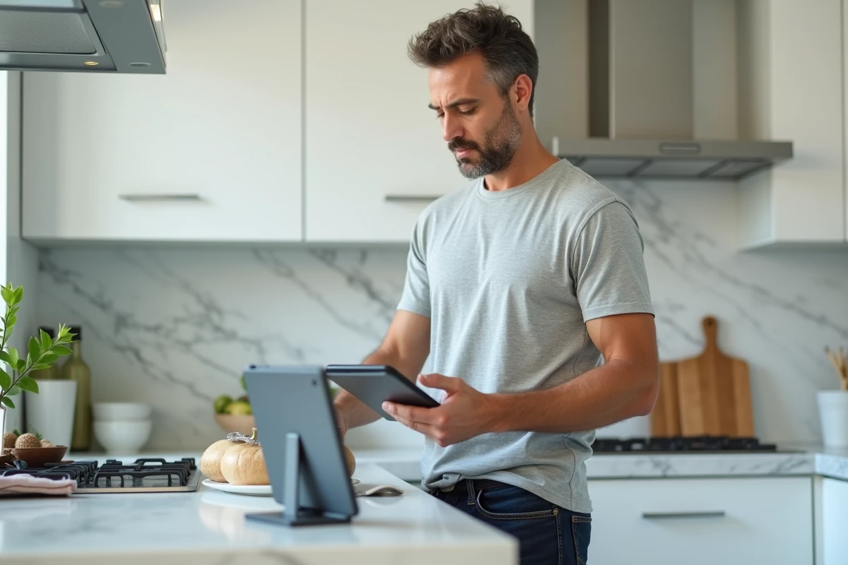 Homme gérant l'organisation et l'historique de scan produits sur une tablette dans une cuisine moderne