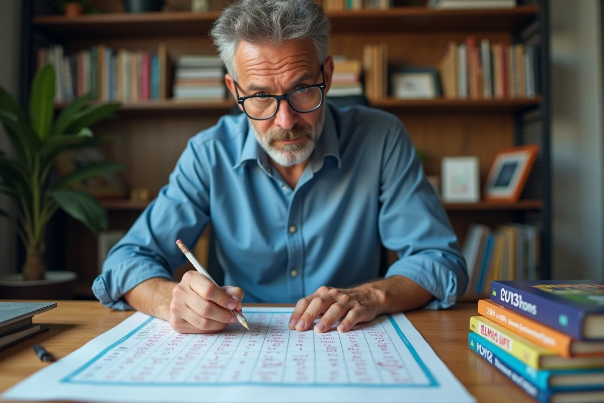 Homme avec des lunettes annotant une grille de lettres pour trouver des anagrammes difficiles