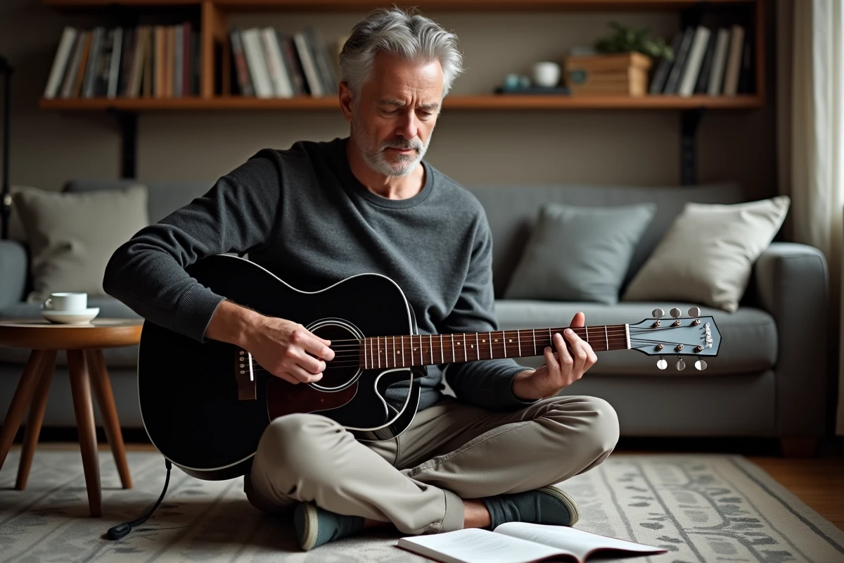 Homme apprenant les accords de Petite Marie sur guitare électrique avec un livre de partitions dans un salon