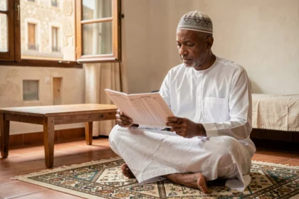 Homme consultant un horaire de prière imprimé sur un tapis de prière dans un intérieur français, illustrant la ponctualité du salat à Béziers
