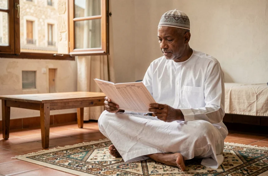 Homme consultant un horaire de prière imprimé sur un tapis de prière dans un intérieur français, illustrant la ponctualité du salat à Béziers
