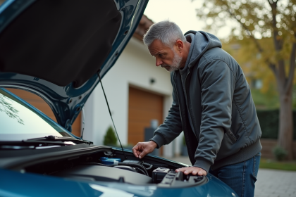 Homme d'âge moyen vérifiant la batterie d'une voiture hybride en extérieur