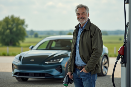 Homme souriant remplissant sa voiture hybride à la campagne
