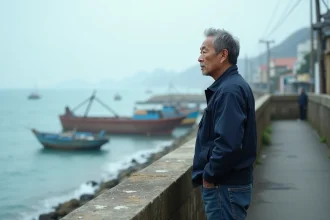 Homme japonais regardant la mer depuis une digue côtière