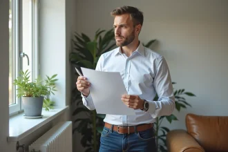 Homme d'âge moyen examinant un rapport DPE dans un salon lumineux