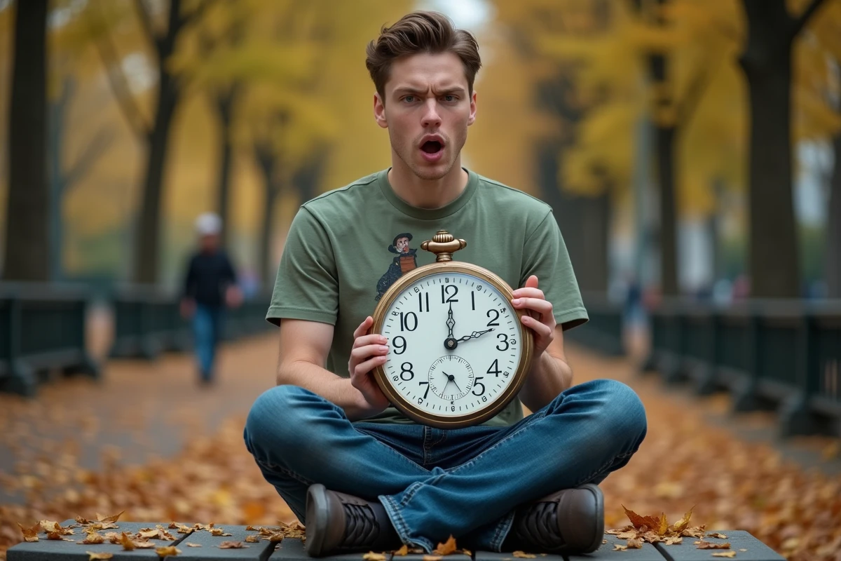 Jeune homme en parc urbain tenant une montre de gousset géante dans une mise en scène humoristique inspirée du mème Alice au Pays des merveilles