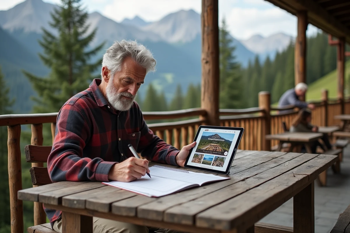 Homme âgé planifiant avec un calendrier en extérieur en montagne