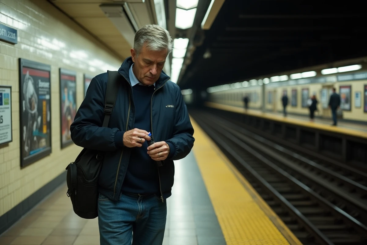 Homme discret dans le métro avec spray de défense