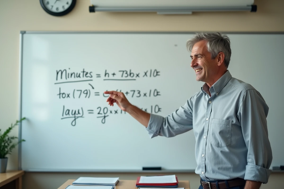 Homme en classe expliquant une formule sur whiteboard