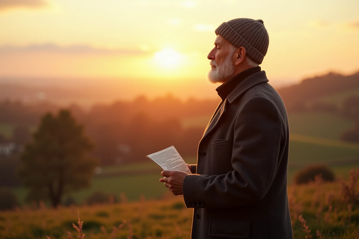 Homme âgé dans la nature au lever du soleil