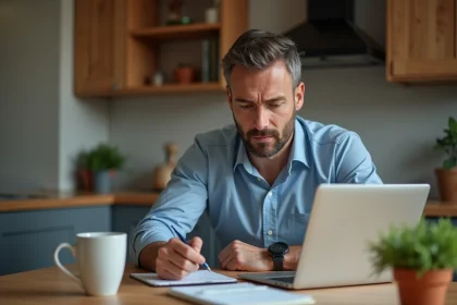 Homme d'âge moyen réfléchissant en ligne dans une cuisine moderne