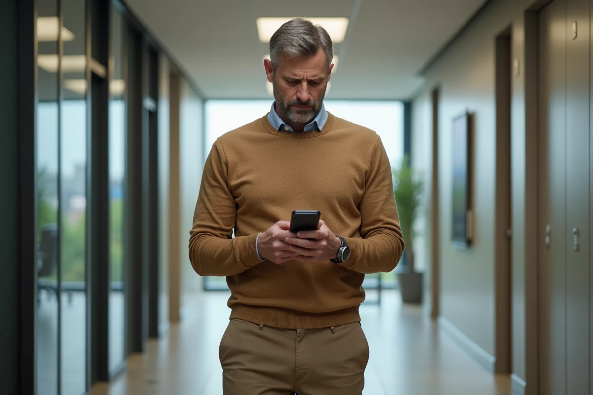 Homme au bureau regarde son smartphone avec inquiétude