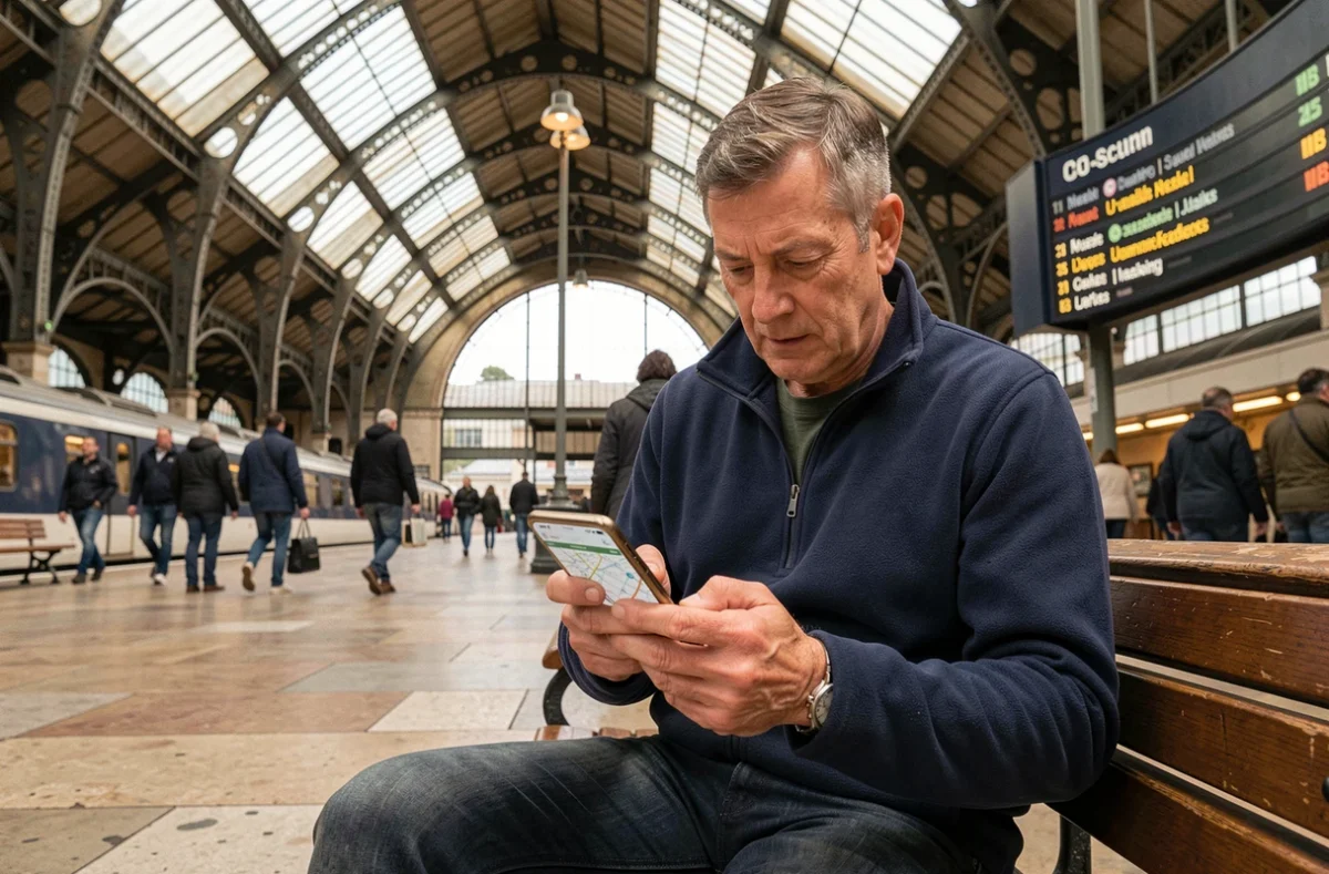 Homme consultant le plan du RER D sur smartphone dans une grande gare parisienne