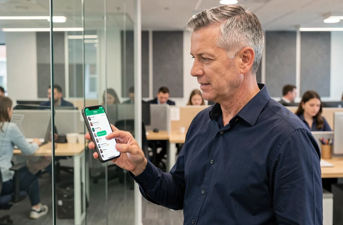 Homme d'affaires consultant un sondage WhatsApp dans un bureau ouvert moderne, doigt pointé vers l'écran