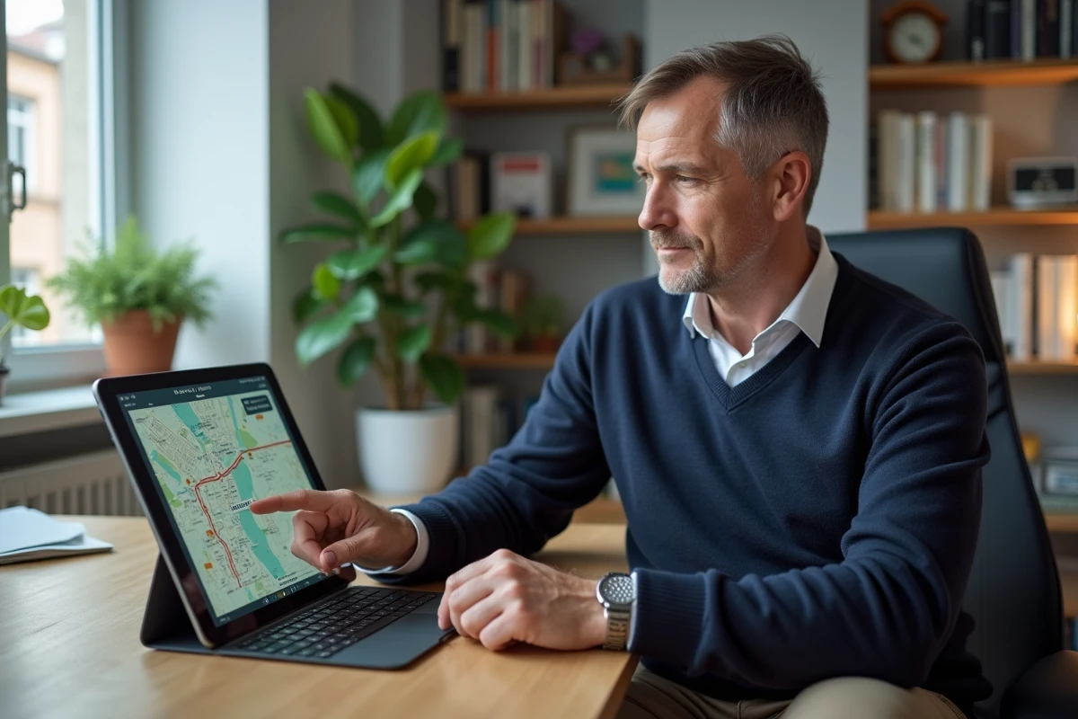 Homme utilisant tablette pour carte métro à domicile