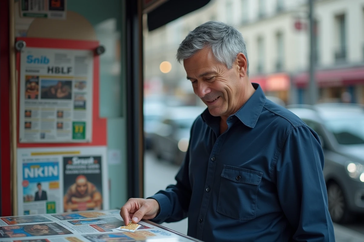 Homme tenant un ticket à gratter FDJ acheté dans un kiosque à journaux parisien