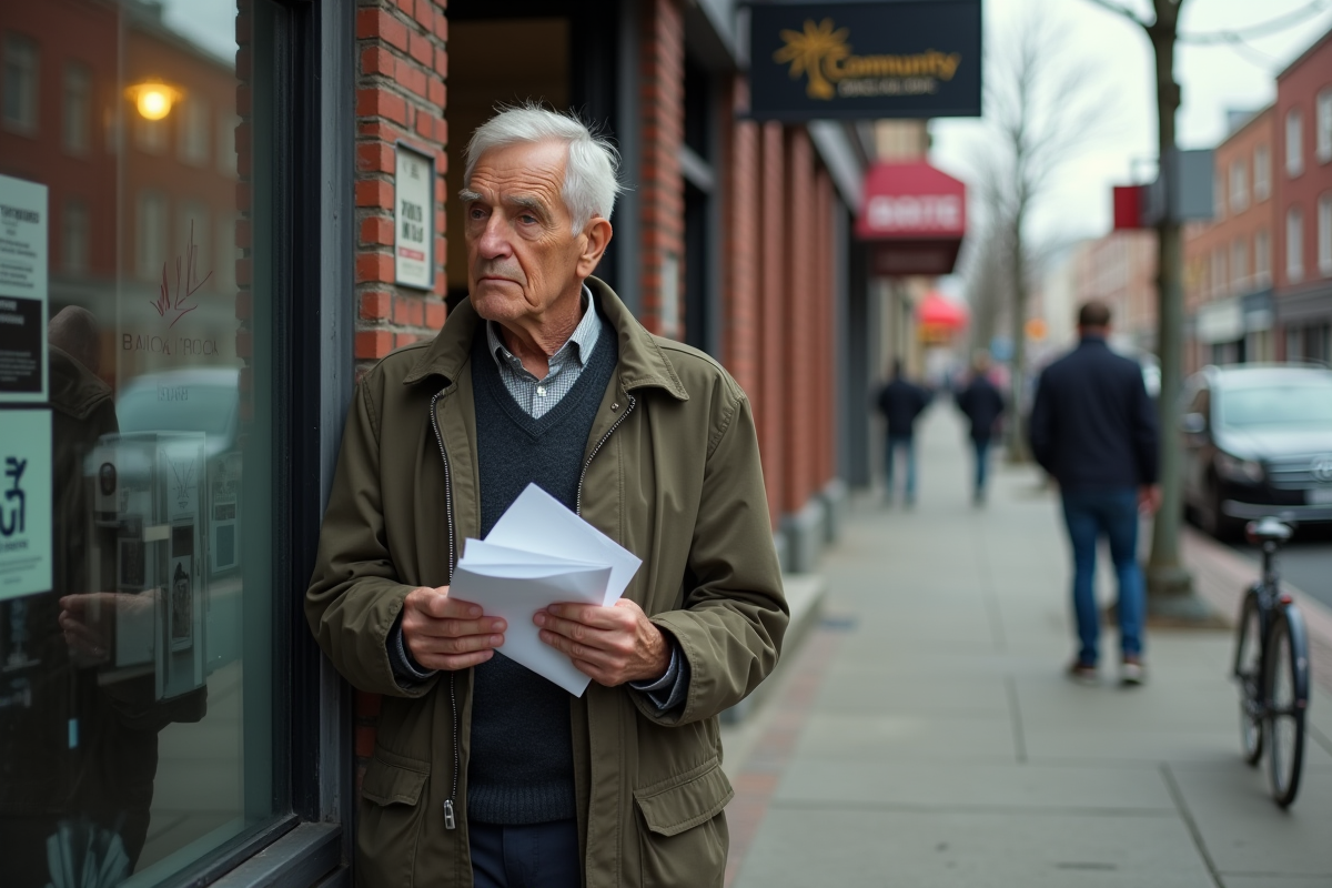 Homme age regardant la banque dans une rue urbaine