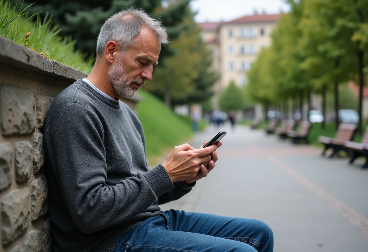 Homme dans un parc urbain lisant un message sur son smartphone