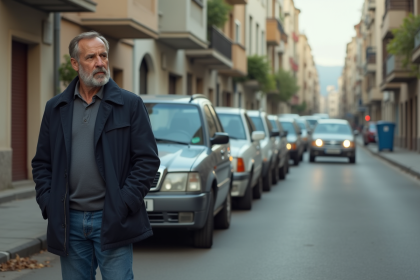 Homme en veste navy et jeans devant voitures classiques