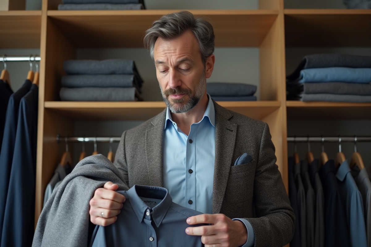 Homme comparant les textures de chemises dans un dressing