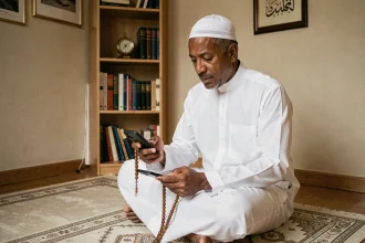 Homme musulman consultant les horaires de prière sur smartphone à Mons-en-Barœul, assis sur un tapis de prière dans un intérieur français