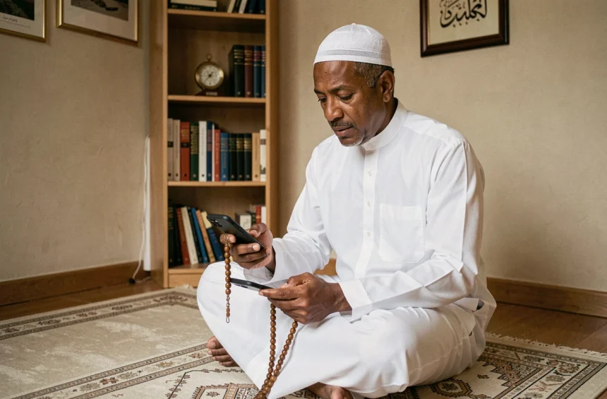 Homme musulman consultant les horaires de prière sur smartphone à Mons-en-Barœul, assis sur un tapis de prière dans un intérieur français