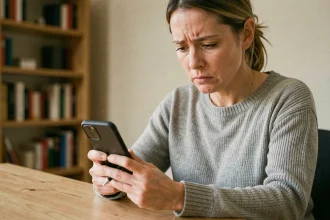 Femme cherchant à identifier un numéro de téléphone inconnu sur son smartphone à son bureau à domicile